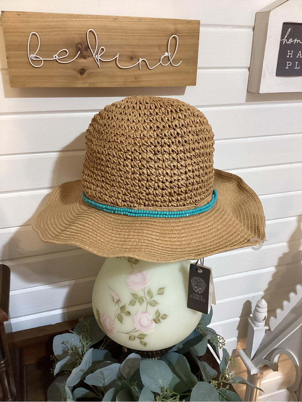 Vince Camuto Tan Straw Sun Hat with Turquoise Bead Trim